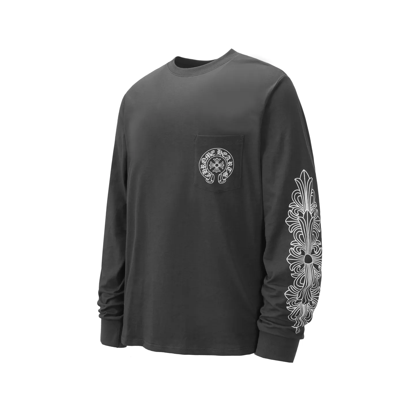 P150 -Chrome Hearts/Chrome Hearts 23ss scroll horseshoe Sanskrit printed popular long-sleeved T-shirt -High weight, high density and high quality. The wool is soft, delicate and skin-friendly. Soft and silky to the touch. Excellent warmth and skin-friendly properties. -Customized weaving and dyeing, no color difference, no matter the fabric or workmanship details. Compare the ordinary version on the market. -Colour: black, white, gray. -Size: S M L XL